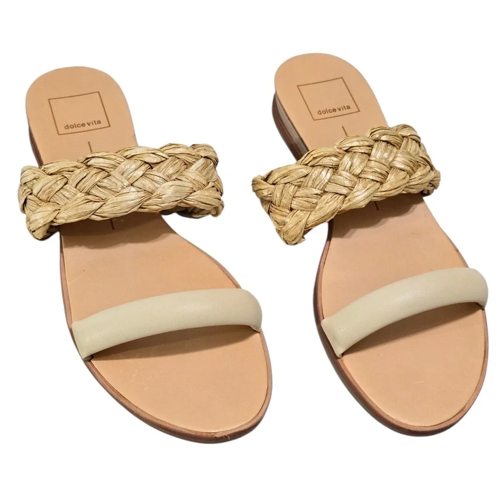 Dolce Vita Womens Sz 8 Braided Raffia Slide Sandals Cream Tan Flat Summer Shoes